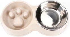 DMV Dubbele Voerbak – Hondenbak – Voederbak – Anti Schrok Bak – Kattenbak – Hond – Poes – Puppy’s – Hondenbrokken – Kattenbrokken – Drinkbak – RVS – Dog Bowl – Slowfeeder – Dieren – Beige