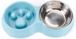 DMV Dubbele Voerbak – Hondenbak – Voederbak – Anti Schrok Bak – Kattenbak – Hond – Poes – Puppy’s – Hondenbrokken – Kattenbrokken – Drinkbak – RVS – Dog Bowl – Slowfeeder – Dieren – Blauw