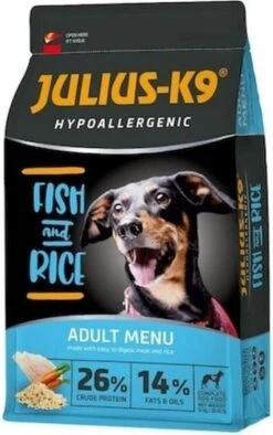 Julius K9 Julius-K9 – Fish & Rice – Hypoallergeen Hondenvoer Voor Volwassen Honden – Hondenbrokken Op Zalm & Rijst Basis – Geschikt Voor Alle Rassen – 3kg